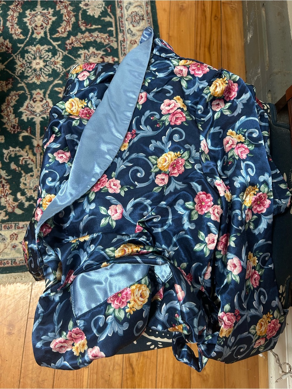 Floral Satin Robe in Navy Blue
